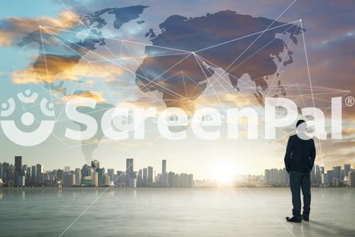 International Business Concept With Businessman On City Skyline Background With Network On Map And Sunlight